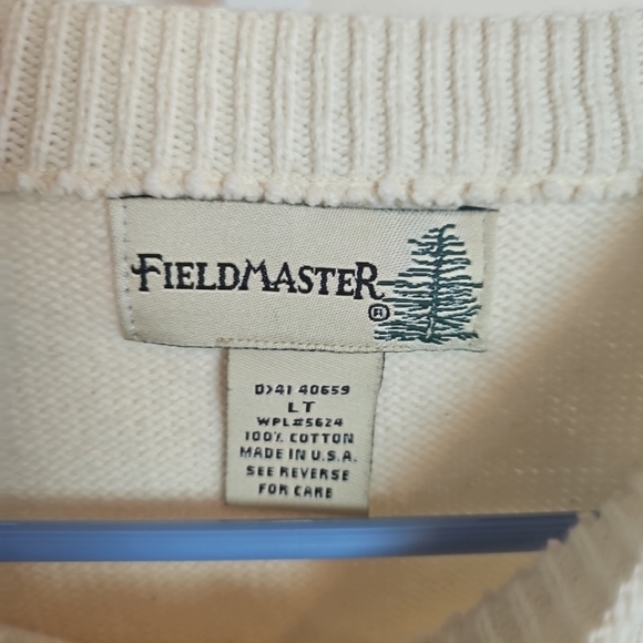 Fieldmaster Cream Embroidered Flies Sweater Large Tall USA Made Mens Vintage - Picture 3 of 9